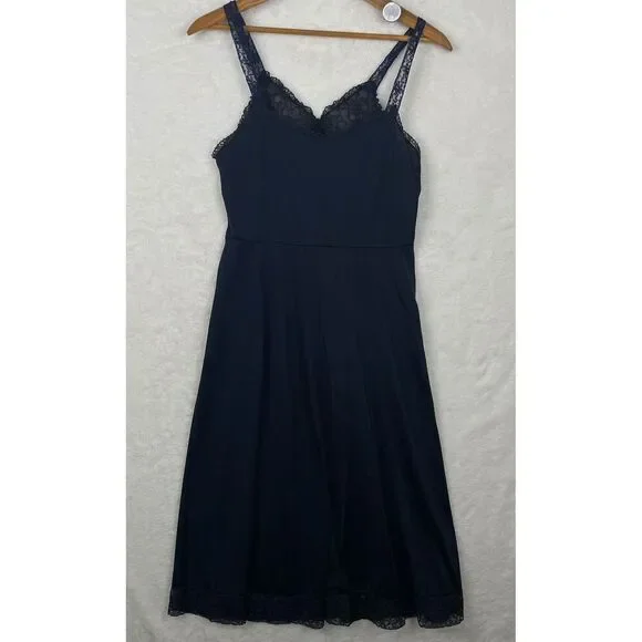 Vintage Henson Kickernick Full Slip Womens 38 Blue Silky Nylon Lace Lingerie - Picture 2 of 12